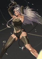 Rule 34 | 1girl, absurdres, android, armpits, arms up, asymmetrical legwear, black thighhighs, blue eyes, breasts, character name, commentary, ebiss06081, elbow gloves, gloves, hair between eyes, highres, holding, holding sword, holding weapon, joints, long hair, nier (series), nier:automata, open mouth, robot joints, short shorts, shorts, silver hair, solo, standing, sword, tank top, thighhighs, uneven legwear, weapon, a2 (nier:automata)