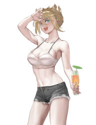 Rule 34 | 1girl, :d, absurdres, alternate costume, arm up, armpits, artoria pendragon (fate), artoria pendragon (lancer) (fate), blonde hair, braid, breasts, camisole, champagne flute, cleavage, contrapposto, cowboy shot, crop top, crown, cup, cutoffs, drinking glass, fate/grand order, fate (series), french braid, fuli dun, green eyes, hair between eyes, hair bun, highres, holding, holding drinking glass, large breasts, midriff, navel, open mouth, shading eyes, short hair, short shorts, shorts, simple background, single hair bun, smile, solo, white background