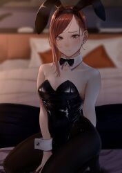 Rule 34 | 1girl, animal ears, bed, bedroom, black bow, black bowtie, black leotard, blurry, blurry background, bow, bowtie, breasts, brown eyes, brown hair, cleavage, closed mouth, detached collar, fake animal ears, frown, highres, indoors, leotard, long hair, looking at viewer, medium breasts, mole, mole under eye, original, pillow, playboy bunny, rabbit ears, saitou (lynx-shrike), sitting, solo, wrist cuffs