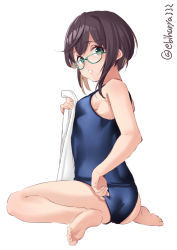 Rule 34 | 1girl, aqua-framed eyewear, barefoot, black hair, blue one-piece swimsuit, blush, ebifurya, full body, glasses, green eyes, highres, holding, holding towel, kantai collection, looking at viewer, multicolored hair, okinami (kancolle), one-piece swimsuit, open mouth, pink hair, short hair, simple background, solo, swimsuit, toes, towel, twitter username, white background, white towel