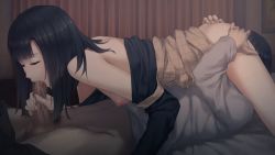 Rule 34 | 1girl, 69, ass, ass grab, bed, black hair, breasts, censored, cunnilingus, closed eyes, fellatio, game cg, innocent grey, kara no shoujo 2, legs, licking, long hair, lying, nipples, no bra, no panties, on stomach, open clothes, oral, penis, small breasts, sugina miki, thighs