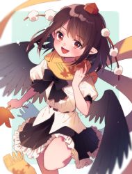Rule 34 | 1girl, :d, bird wings, black bow, black hair, black skirt, blush, bow, bowtie, commentary, hat, holding, holding leaf, leaf, leaf print, looking at viewer, medium hair, open mouth, orange eyes, petticoat, pointy ears, pom pom (clothes), puffy short sleeves, puffy sleeves, red hat, scarf, shameimaru aya, shirt, short sleeves, skirt, smile, solo, standing, standing on one leg, tokin hat, touhou, touya (konpekitou), white shirt, wings, yellow scarf