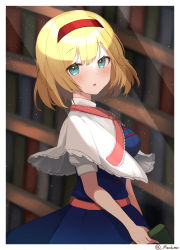 Rule 34 | 1girl, alice margatroid, blonde hair, blue dress, blurry, blurry background, blush, border, breasts, capelet, depth of field, dress, hairband, highres, indoors, large breasts, light particles, light rays, looking at viewer, machimo, open mouth, red hairband, sash, short hair, solo, touhou, white border, white capelet