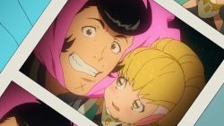 Rule 34 | 10s, 1boy, 1girl, adelie (space dandy), black hair, blonde hair, blush, brown eyes, cleft chin, close-up, costume, dandy (space dandy), grin, hair up, multicolored eyes, non-web source, photo (object), pompadour, purikura, screencap, smile, space dandy, yellow eyes