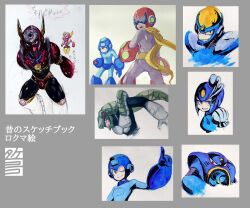 Rule 34 | 1girl, 6+boys, air man, android, arm cannon, arrow (symbol), black bodysuit, blue bodysuit, blue eyes, bodysuit, chibi, chibi inset, circular saw, commentary request, electric fan, flash man, grey background, grey bodysuit, grin, helmet, highres, humanoid robot, index finger raised, looking at viewer, male focus, mega man (character), mega man (classic), mega man (series), mega man 2, mega man 3, mega man 9, mega man megamix, metal man, multiple boys, one eye closed, open mouth, proto man, red eyes, robot, saw, scarf, seal impression, simple background, smile, snake hood, snake man, splash woman, sunglasses, takenokonoko, translation request, v-shaped eyes, weapon, yellow scarf