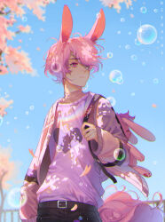 Rule 34 | 1boy, animal ears, artist name, astrocatsama, belt, belt buckle, black belt, black pants, blue sky, bubble, buckle, cherry blossoms, closed mouth, commentary, commission, english commentary, eyelashes, eyepatch, flower, frown, hair over one eye, heart, heart print, highres, jacket, layered shirt, long sleeves, looking ahead, male focus, messy hair, one-eyed, open clothes, open jacket, original, outdoors, pants, pink eyes, pink flower, pink hair, pink jacket, pink shirt, pink sleeves, pink sweater, rabbit boy, rabbit ears, railing, rainbow print, shirt, short hair, sky, solo, sparkle, strap pull, stuffed animal, stuffed rabbit, stuffed toy, sweater, sweater jacket, tree, turtleneck, wide sleeves