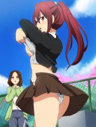 Rule 34 | 10s, 2girls, amakata miho, blush, breasts, brown eyes, brown hair, building, clothes lift, day, fence, free!, hair ornament, highres, lifted by self, long hair, magukappu, matsuoka gou, medium breasts, multiple girls, no bra, open mouth, outdoors, own hands together, panties, pants, ponytail, red eyes, red hair, school uniform, shirt lift, short hair, skirt, skyscraper, underboob, underwear, undressing, white panties