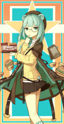 Rule 34 | 1girl, aqua hair, arknights, blunt bangs, brown coat, brown headwear, brown skirt, burger, coat, coat on shoulders, cup, disposable cup, feet out of frame, finger to mouth, food, french fries, green eyes, green necktie, highres, holding, holding tray, istina (arknights), kneehighs, long sleeves, looking at viewer, miniskirt, monocle, multicolored background, necktie, open clothes, open coat, short hair, skirt, socks, solo, standing, star (symbol), starry background, stuffed animal, stuffed toy, sweater, teddy bear, tray, white socks, yellow sweater, zhadao lza