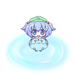 Rule 34 | 1girl, :d, blue eyes, blue hair, blush, chibi, female focus, from above, hair bobbles, hair ornament, hat, kawashiro nitori, key, looking up, maitora, matching hair/eyes, open mouth, ripples, short hair, smile, solo, touhou, two side up, water