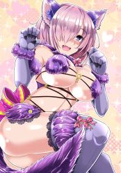 Rule 34 | 1girl, animal ears, blush, bow, breasts, elbow gloves, fake animal ears, fake tail, fang, fate/grand order, fate (series), fur-trimmed gloves, fur-trimmed legwear, fur collar, fur trim, gloves, hair over one eye, heart, heart background, lace, lace-trimmed legwear, lace trim, large breasts, looking at viewer, mash kyrielight, mash kyrielight (dangerous beast), o-ring, open mouth, pink bow, purple eyes, purple gloves, purple hair, purple thighhighs, revealing clothes, short hair, solo, tail, thighhighs, yasakani an