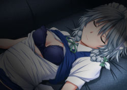 Rule 34 | 1girl, apron, arms at sides, blue bra, blush, bow, bra, braid, breasts, cleavage, closed eyes, closed mouth, collared shirt, commentary request, couch, dress, green bow, hair bow, highres, izayoi sakuya, long hair, lying, maid headdress, neck ribbon, nori tamago, on back, on couch, open clothes, open dress, open shirt, pinafore dress, puffy short sleeves, puffy sleeves, purple theme, ribbon, shirt, short sleeves, silver hair, sleeping, sleeveless dress, small breasts, smile, solo, touhou, twin braids, underwear, upper body, waist apron, white apron, white shirt