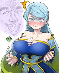 Rule 34 | 1boy, 1girl, artist name, blue eyes, blue hair, blush, breasts, bursting breasts, cleavage, commentary request, dress, gradient hair, hair between eyes, hair down, huge breasts, inconvenient breasts, korean commentary, league of legends, lolboja, long hair, multicolored hair, nose blush, signature, solo focus, sona (league of legends), strapless, strapless dress, tearing clothes, tears, teeth, tongue, torn clothes, very long hair, white background, wide-eyed