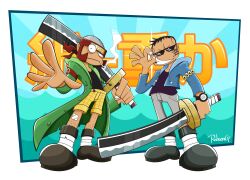 Rule 34 | 2boys, absurdres, bald, black hair, cigarette, closed mouth, full body, highres, johnny (one piece), looking at viewer, multiple boys, one piece, robsong, short hair, signature, smile, smoking, sunglasses, sword, watch, weapon, wristwatch, yosaku (one piece)