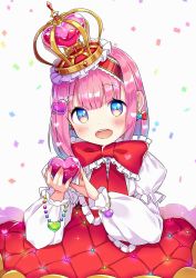 Rule 34 | 1girl, :d, blue eyes, blush, bow, commentary request, crown, earrings, hair between eyes, hair ornament, hairband, head tilt, heart, heart earrings, heart hair ornament, highres, holding, holding heart, jewelry, layered sleeves, long sleeves, looking at viewer, mini crown, open mouth, original, pink hair, puffy long sleeves, puffy short sleeves, puffy sleeves, red bow, red hairband, red vest, shirt, short over long sleeves, short sleeves, smile, solo, suzuki moeko, teeth, upper teeth only, vest, white background, white shirt