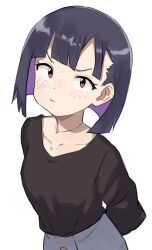 Rule 34 | 1girl, absurdres, arms behind back, black hair, black shirt, blunt bangs, blunt ends, blush, colored inner hair, do it yourself!!, gazacy (dai), grey skirt, highres, jewelry, long sleeves, looking at viewer, multicolored hair, necklace, pout, purple hair, red eyes, shirt, short hair, simple background, skirt, solo, suride miku, two-tone hair, upper body, white background