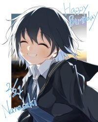 Rule 34 | 1girl, absurdres, amagami, backlighting, birthday, black hair, black jacket, black sailor collar, blazer, blue sweater, blurry, blurry background, blush, border, character name, closed eyes, collared shirt, commentary, dated, dress shirt, english text, gradient sky, grey sky, grin, hair between eyes, happy birthday, highres, jacket, kibito high school uniform, messy, nanasaki ai, open clothes, open jacket, orange sky, outdoors, outside border, parted lips, raised eyebrows, romaji text, sailor collar, school uniform, shirt, sky, smile, solo, sunset, sweater, upper body, white border, white shirt, wind, yassu