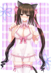 Rule 34 | 1girl, animal ears, blush, bow, breasts, brown eyes, brown hair, cat ears, chemise, cleavage, frilled thighhighs, frills, hair bow, hiroharu, itsumoto hiroharu, large breasts, long hair, navel, original, panties, paw pose, plaid, plaid background, see-through, solo, thighhighs, twintails, underwear, very long hair, white thighhighs, wrist cuffs