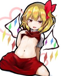 Rule 34 | 1860 (ichi), 1girl, blonde hair, commentary request, fang, flandre scarlet, hair ribbon, highres, looking at viewer, navel, open mouth, pointy ears, red eyes, red ribbon, red skirt, ribbon, short hair, side ponytail, skirt, smile, solo, stomach, touhou, wings