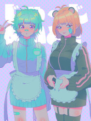 Rule 34 | 2girls, ahoge, alternate costume, alternate hair color, amauri miruki, animal ears, antenna hair, apron, bear ears, black jacket, black thighhighs, blue eyes, blue jacket, breasts, cat ears, closed mouth, commentary request, cowboy shot, frilled apron, frills, green hair, hand up, heart, heart hands, highres, jacket, jersey maid, large breasts, long sleeves, looking at viewer, maid, multiple girls, name tag, omega auru, open mouth, pink eyes, polka dot, polka dot background, pretty series, short hair, smile, standing, thighhighs, track jacket, translation request, tsujii luki, turtleneck, turtleneck jacket, unconventional maid, v, waccha primagi!, waist apron, white apron