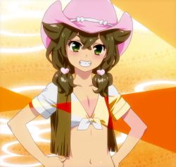 Rule 34 | 10s, 1girl, brown hair, cowboy hat, front-tie top, green eyes, hands on own hips, hat, highres, kaneko hiraku, navel, sakura meifon, smile, solo, standing, stitched, third-party edit, twintails, valkyrie drive, valkyrie drive -mermaid-, vest
