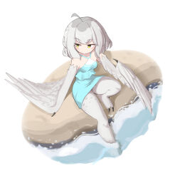 Rule 34 | 1girl, ahoge, bare shoulders, bird legs, blue dress, blush, breasts, commentary, dress, dress swimsuit, english commentary, feathered wings, grey feathers, grey hair, grey wings, harpy, highres, medium hair, mono (sifserf), monster girl, original, owl girl, partially submerged, sifserf, small breasts, solo, talons, water, winged arms, wings, yellow eyes