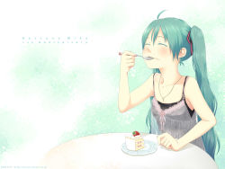 Rule 34 | 1girl, cake, cake slice, character name, dated, eating, english text, closed eyes, food, fruit, green hair, hatsune miku, highres, hinata (artist), jewelry, long hair, magamoto, necklace, pastry, plate, sitting, solo, strawberry, strawberry shortcake, table, twintails, utensil in mouth, very long hair, vocaloid, watermark, web address