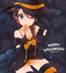 Rule 34 | 10s, 1girl, alternate costume, artist name, bat wings, black dress, blue eyes, braid, brown hair, cointreau, dress, elbow gloves, ghost print, gloves, hair between eyes, hair flaps, hair over shoulder, hair ribbon, halloween, happy halloween, hat, holding, holding clothes, holding hat, kantai collection, long hair, looking at viewer, ribbon, shigure (kancolle), shigure kai ni (kancolle), single braid, sitting, smile, solo, tress ribbon, wings, witch hat