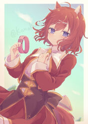 Rule 34 | 1girl, ahoge, amairo islenauts, animal collar, animal ears, blue eyes, blush, border, brown corset, closed mouth, collar, commentary request, commission, corset, cowboy shot, cropped jacket, day, hair between eyes, hair ornament, hand on own chest, hands up, highres, holding, holding collar, jacket, konoquro, long sleeves, looking at viewer, masaki gaillard, medium hair, open clothes, open jacket, outdoors, red hair, red jacket, red skirt, school uniform, shirt, skeb commission, skirt, smile, solo, standing, twitter username, wavy hair, white border, white shirt, wolf ears, wolf girl, x hair ornament