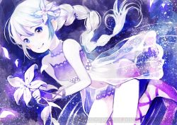 Rule 34 | 1girl, braid, closed mouth, detached collar, flower, hair flower, hair ornament, hatsune miku, holding, holding flower, long hair, navel, project diva (series), project diva x, purple footwear, ripples, see-through, shoes, single braid, sitting, smile, solo, strapless, tsumi no namae (vocaloid), vocaloid, white hair, yuu (plasm)