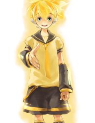 Rule 34 | 1boy, arm warmers, blush, child, genda, headphones, kagamine len, leg warmers, looking at viewer, male focus, necktie, outstretched hand, sailor collar, shirt, short hair, shorts, smile, solo, standing, t-shirt, vocaloid