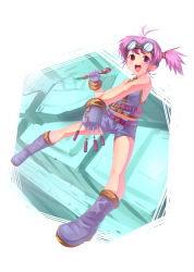 Rule 34 | 1girl, :d, absurdres, ahoge, bad id, bad pixiv id, belt, boots, full body, gloves, goggles, goggles on head, happy, highres, knee boots, onsen nakaya, open mouth, original, purple hair, red eyes, screwdriver, short hair, shorts, side ponytail, smile, solo