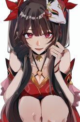 Rule 34 | 1girl, :d, bare shoulders, black hair, commentary request, criss-cross halter, dress, facial mark, halterneck, highres, holding, holding own hair, honkai: star rail, honkai (series), long hair, looking at viewer, o-ring, open mouth, red dress, red eyes, shino (moi 0142), short sleeves, simple background, smile, solo, sparkle (honkai: star rail), squatting, twintails, very long hair, white background