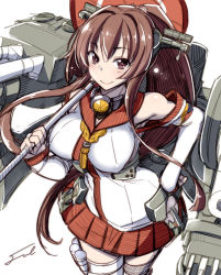 Rule 34 | 10s, 1girl, ammunition, anchor, artist name, bare shoulders, breasts, brown eyes, brown hair, cannon, cherry blossoms, detached sleeves, female focus, flower, fue (rhomphair), hair flower, hair ornament, headgear, kantai collection, large breasts, long hair, looking at viewer, machinery, oil-paper umbrella, ponytail, signature, simple background, skirt, smile, solo, solo focus, umbrella, very long hair, white background, yamato (kancolle)