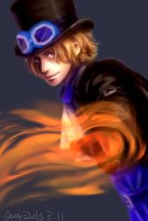 Rule 34 | 1boy, blonde hair, coat, fire, gloves, goggles, goggles on headwear, hat, male focus, one piece, sabo (one piece), solo, top hat