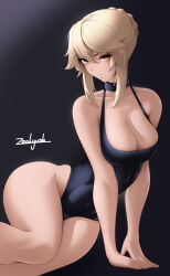 Rule 34 | 1girl, arm support, artist name, artoria pendragon (fate), artoria pendragon (lancer alter) (fate), black one-piece swimsuit, blonde hair, braid, breasts, choker, cleavage, collarbone, covered navel, fate/grand order, fate (series), french braid, highres, large breasts, looking at viewer, lying, medium breasts, on side, one-piece swimsuit, sidelocks, sitting, solo, swimsuit, wide hips, yellow eyes, zealyush