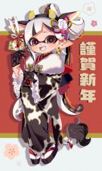 Rule 34 | 1girl, 2020, :d, animal ears, animal print, arrow (projectile), artist name, asymmetrical bangs, black footwear, black gloves, brown eyes, cow ears, cow horns, cow print, cow tail, earrings, ema, fake animal ears, fake horns, fang, frilled sleeves, frills, full body, fur shawl, gloves, grey tongue, hagoita, hair ornament, happy new year, holding, holding arrow, horns, inkling, inkling girl, inkling player character, japanese clothes, jewelry, kimono, long hair, long sleeves, looking at viewer, maco spl, mask, mole, mole under eye, new year, nintendo, obi, open mouth, paddle, pointy ears, print kimono, sandals, sash, shadow, shawl, silver hair, smile, solo, standing, tabi, tail, tentacle hair, translated, very long hair, white legwear