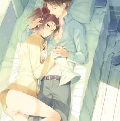 Rule 34 | 1boy, 1girl, arm around shoulder, ass, bad id, bad pixiv id, bed, blush, book, bottomless, brown eyes, brown hair, couple, from above, glasses, ha-ru10, hange zoe, hetero, holding hands, levi (shingeki no kyojin), looking at viewer, no bra, notes, open clothes, open shirt, papers, pillow, shingeki no kyojin, shirt, sleeping, smile