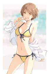 Rule 34 | 1girl, bikini, breasts, brown hair, commentary request, cowboy shot, front-tie top, grin, highres, hood, hooded jacket, hoodie, jacket, looking at viewer, medium breasts, navel, nonaka nono, open clothes, open jacket, original, short hair, side-tie bikini bottom, smile, solo, standing, stomach day, striped bikini, striped clothes, swimsuit, v, white jacket, yellow bikini, yellow eyes