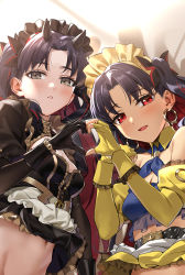 Rule 34 | 2girls, belt, black gloves, black hair, blush, bottomless, detached sleeves, fate/grand order, fate (series), fingerless gloves, gloves, hair ribbon, ishtar (fate), looking at viewer, maid headdress, multiple girls, red eyes, ribbon, space ishtar (fate), space ishtar (first ascension) (fate), space ishtar (second ascension) (fate), twintails, yd (orange maru)