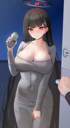 Rule 34 | 1girl, alternate costume, beer can, black hair, blue archive, blush, breasts, bright pupils, can, condom, covered navel, dongtan dress, door handle, dress, drink can, grey dress, halo, hand up, holding, holding can, holding condom, large breasts, long hair, long sleeves, meme attire, mijikayo, night, night sky, open door, opening door, parted lips, pencil dress, pov doorway, red eyes, rio (blue archive), sky, solo focus, star (sky), starry sky, taut clothes, taut dress