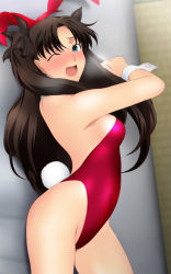 Rule 34 | 1girl, animal ears, ass, bare legs, bare shoulders, black hair, blue eyes, blush, breasts, breath, rabbit ears, rabbit tail, playboy bunny, covered navel, fake animal ears, fake tail, fate/stay night, fate (series), futon, highres, indoors, legs, leotard, long hair, looking at viewer, lying, medium breasts, on side, one eye closed, open mouth, red leotard, sideboob, solo, tail, tatami, thighs, tohsaka rin, twintails, wrist cuffs, yadokari genpachirou