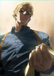 Rule 34 | 1boy, absurdres, blonde hair, blue shirt, buttons, clenched hand, closed mouth, collared shirt, goggles, highres, holding necktie, jujutsu kaisen, kuroi suna, long sleeves, male focus, nanami kento, necktie, shirt, short hair, simple background, solo, upper body, yellow necktie