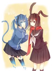 Rule 34 | 2girls, animal ears, asterisk pattern, blue tail, disembodied legs, ene (kagerou project), highres, hyou (pixiv3677917), kagerou project, multiple girls, rabbit ears, rabbit girl, rabbit tail, red scarf, scarf, skirt, simple background, tateyama ayano, yellow background