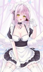 Rule 34 | 1girl, absurdres, alternate costume, angel wings, apron, black choker, black dress, black ribbon, blue archive, blush, breasts, candy, chocolate, chocolate heart, choker, cleavage, commentary request, dress, enmaided, feathered wings, food, frilled apron, frilled choker, frilled gloves, frills, garter straps, gloves, gradient hair, hair bun, hair intakes, hair ribbon, halo, hand up, heart, heart collar, highres, holding, holding candy, holding food, holding lollipop, lace, lace-trimmed dress, lace trim, large breasts, lollipop, long hair, looking at viewer, low wings, maid, maid headdress, mika (blue archive), multicolored hair, open mouth, pink hair, pink halo, ribbon, short sleeves, single side bun, sitting, solo, suineco, teeth, thighhighs, thighs, upper teeth only, waist apron, wariza, white apron, white gloves, white headdress, white thighhighs, white wings, wings, yellow eyes