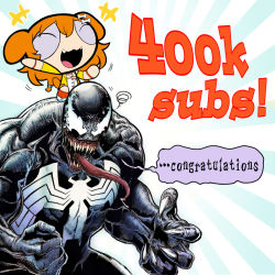 Rule 34 | 1boy, 1girl, bone hair ornament, brown hair, carrying, claws, clenched hand, congratulations, dress, closed eyes, hair ornament, highres, hololive, inugami korone, jacket, long tongue, marvel, matarou (matarou072), muscular, muscular male, parody, powerpuff girls, sharp teeth, shoulder carry, spider-man (series), squiggle, style parody, superhero costume, teeth, tongue, venom (marvel), virtual youtuber, white dress, wristband, yellow jacket