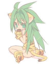 Rule 34 | 1girl, animal ears, animal hands, animal print, ass, bad id, bad pixiv id, blade (galaxist), bottomless, cham cham, chocolate, eating, fang, gloves, green eyes, green hair, heart, long hair, matching hair/eyes, paw gloves, paw shoes, samurai spirits, shoes, solo, tail, tiger print