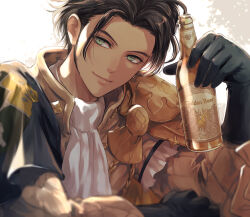 Rule 34 | 1boy, arm rest, armor, ascot, beer bottle, black capelet, black gloves, bottle, brown hair, cape, capelet, claude von riegan, closed mouth, dark-skinned male, dark skin, elbow rest, fire emblem, fire emblem: three houses, gloves, gold armor, green eyes, holding, holding bottle, jacket, long sleeves, looking at viewer, male focus, nintendo, parted bangs, saku (soreca49), short hair, sideburns, smile, solo, upper body, white ascot, white background, yellow cape, yellow jacket