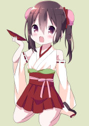 Rule 34 | 1girl, :d, absurdres, bare shoulders, black footwear, blush, bow, brown hair, bun cover, commentary request, cup, detached sleeves, double bun, green background, hair between eyes, hair bow, hair bun, hakama, hakama short skirt, hakama skirt, hamada pengin, hand up, highres, holding, japanese clothes, long hair, long sleeves, looking at viewer, love live!, love live! school idol project, miko, open mouth, purple eyes, red bow, red hakama, sakazuki, sandals, seiza, side bun, sidelocks, simple background, sitting, skirt, smile, socks, solo, tabi, twintails, white socks, wide sleeves, yazawa nico, zouri