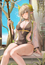 Rule 34 | 1girl, :o, arknights, black choker, blue sky, blush, breasts, brown hair, choker, cleavage, cloud, collarbone, commentary, covered navel, day, earrings, highres, holding, holding staff, jewelry, long hair, looking at viewer, medium breasts, mole, mole under eye, muelsyse (arknights), nail polish, pointy ears, ru zhai, see-through, see-through sleeves, sitting, sky, solo, staff, sweat, thighs, yellow eyes