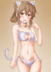 Rule 34 | 1girl, animal ear hairband, animal ears, anti (untea9), bell, blush, bra, breasts, brown background, brown hair, cat cutout, cat ear hairband, cat ears, choker, clothing cutout, cowboy shot, embarrassed, fake animal ears, folded ponytail, gradient background, hairband, highres, inazuma (kancolle), jingle bell, kantai collection, long hair, panties, small breasts, solo, tail, underwear, white bra, white panties